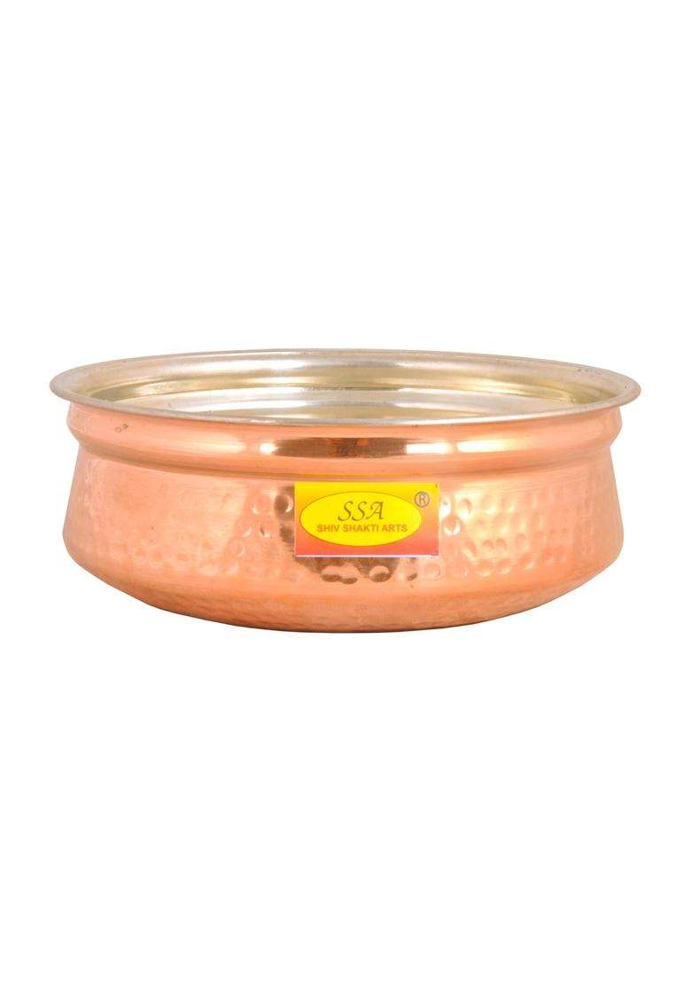 SHIV SHAKTI ARTS Copper Handi Cooking Pot Pan | 1 L | 1.1 Qt | Tin Lined Kalai | Hammered Finish - Indya