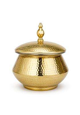 SHIV SHAKTI ARTS Brass Handi Matka Clay Water Pot with Dome Lid | 2 L | 2.1 Qt | Hammered Finish