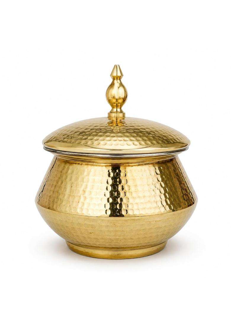 SHIV SHAKTI ARTS Brass Handi Matka Clay Water Pot with Dome Lid | 2 L | 2.1 Qt | Hammered Finish - Indya