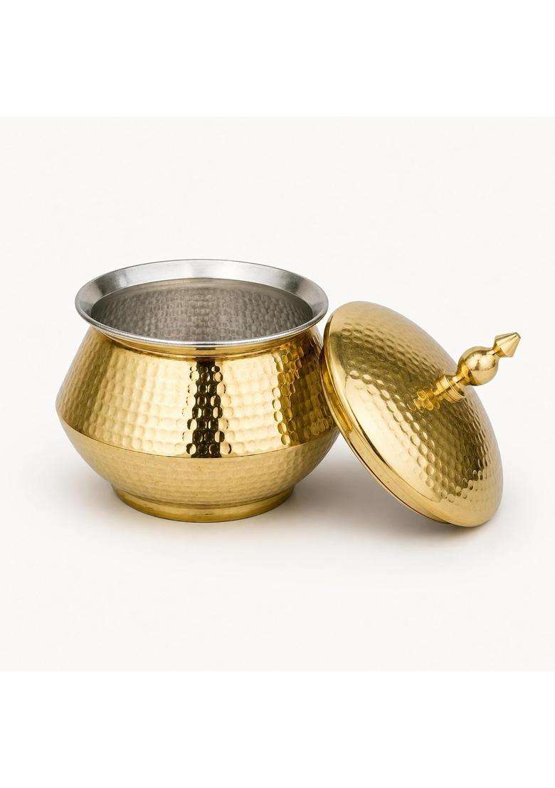 SHIV SHAKTI ARTS Brass Handi Matka Clay Water Pot with Dome Lid | 2 L | 2.1 Qt | Hammered Finish - Indya