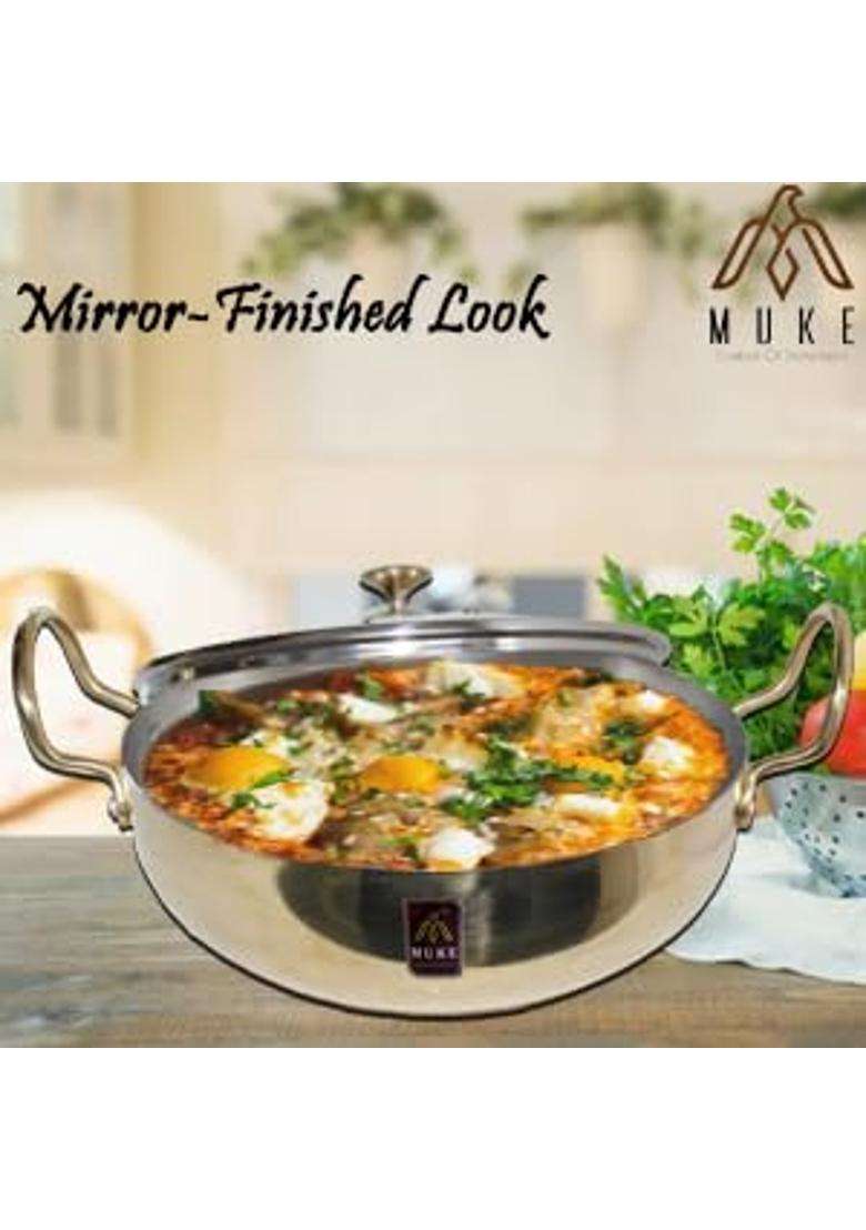MUKE Pure Brass Kadhai Wok with Kalai with Handles Super Finish Kadhai Cookwere | 2.5 L | 2.6 Qt | With Lid - Indya