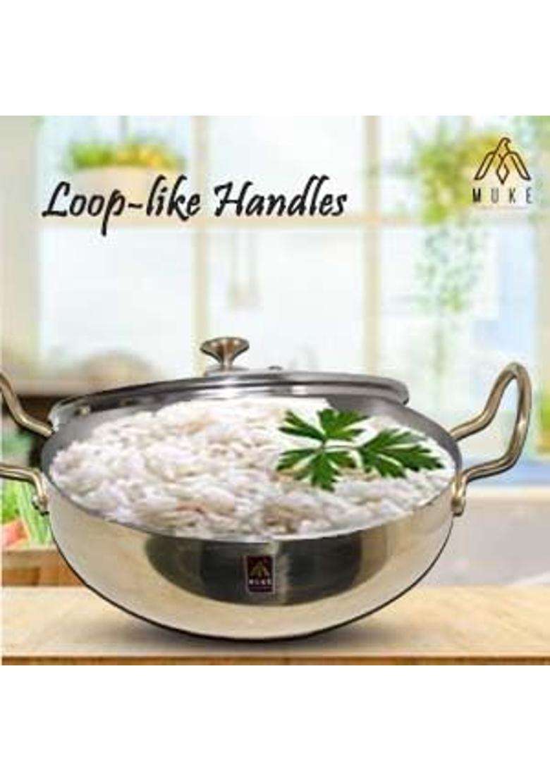 MUKE Pure Brass Kadhai Wok with Kalai with Handles Super Finish Kadhai Cookwere | 2.5 L | 2.6 Qt | With Lid - Indya