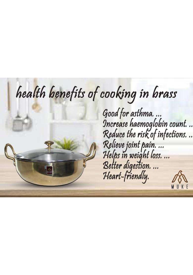 MUKE Pure Brass Kadhai Wok with Kalai with Handles Super Finish Kadhai Cookwere | 2.5 L | 2.6 Qt | With Lid - Indya