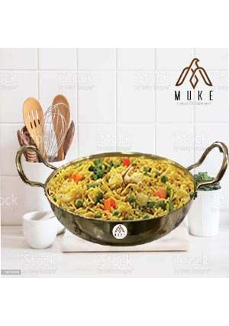 MUKE Pure Brass Handmade Hammered Kadhai Wok with Handles Super Finish Kadhai | 2.5 L | 2.6 Qt - Indya