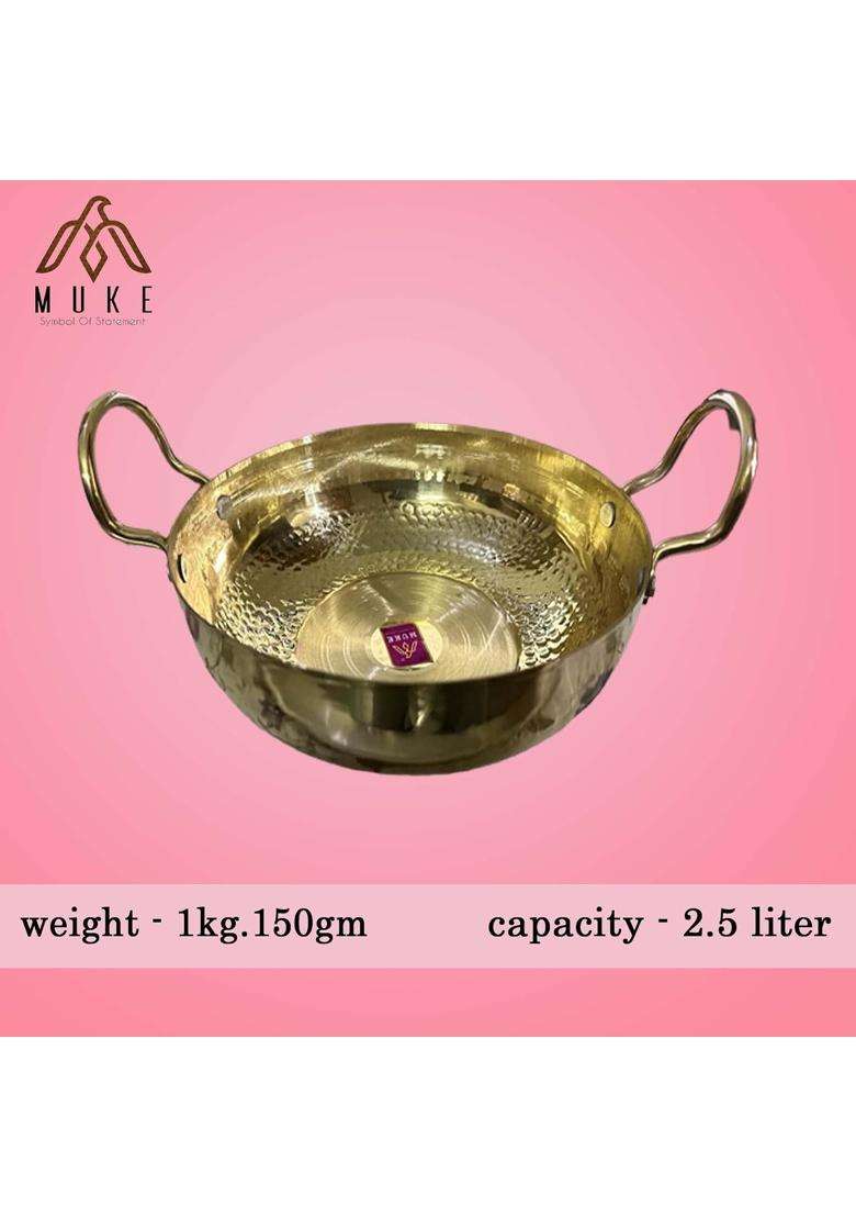 MUKE Pure Brass Handmade Hammered Kadhai Wok with Handles Super Finish Kadhai | 2.5 L | 2.6 Qt - Indya
