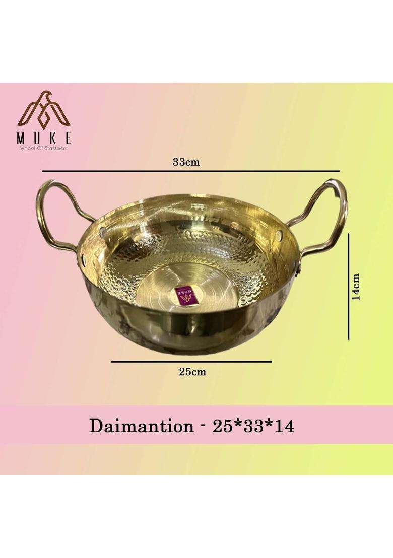 MUKE Pure Brass Handmade Hammered Kadhai Wok with Handles Super Finish Kadhai | 2.5 L | 2.6 Qt - Indya