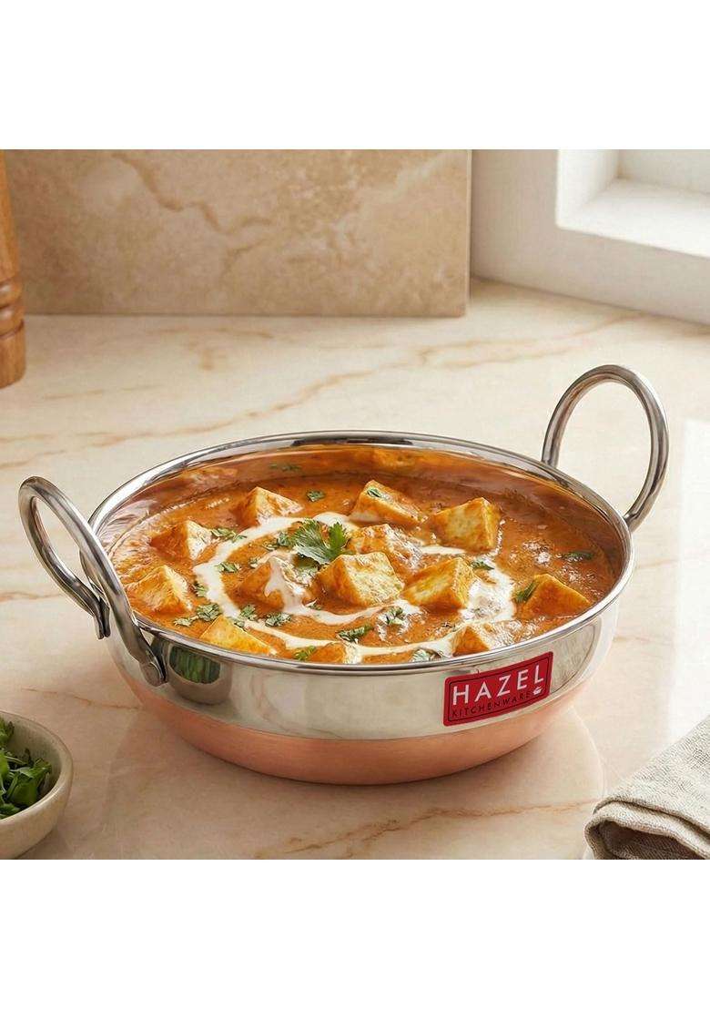 HAZEL Stainless Steel Copper Bottom Kadhai Wok with Glossy Finish | 1000 ml | 33.8 fl oz - Indya