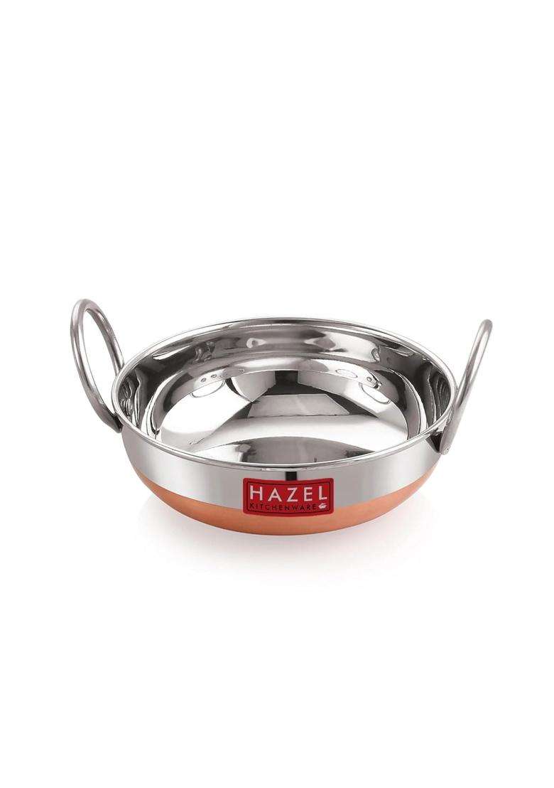 HAZEL Stainless Steel Copper Bottom Kadhai Wok with Glossy Finish | 1000 ml | 33.8 fl oz - Indya