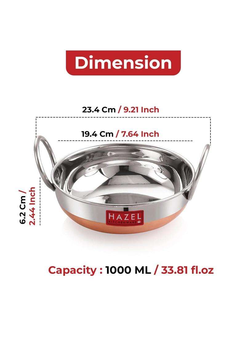 HAZEL Stainless Steel Copper Bottom Kadhai Wok with Glossy Finish | 1000 ml | 33.8 fl oz - Indya