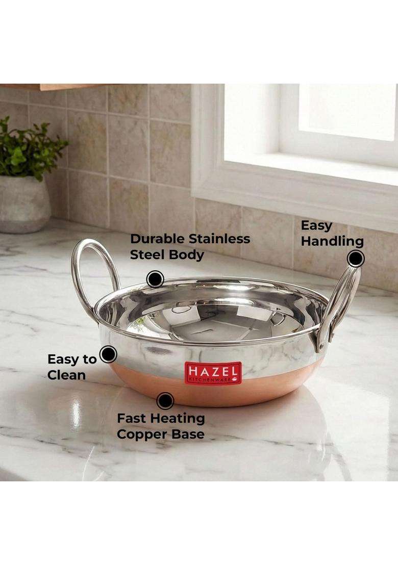 HAZEL Stainless Steel Copper Bottom Kadhai Wok with Glossy Finish | 1000 ml | 33.8 fl oz - Indya
