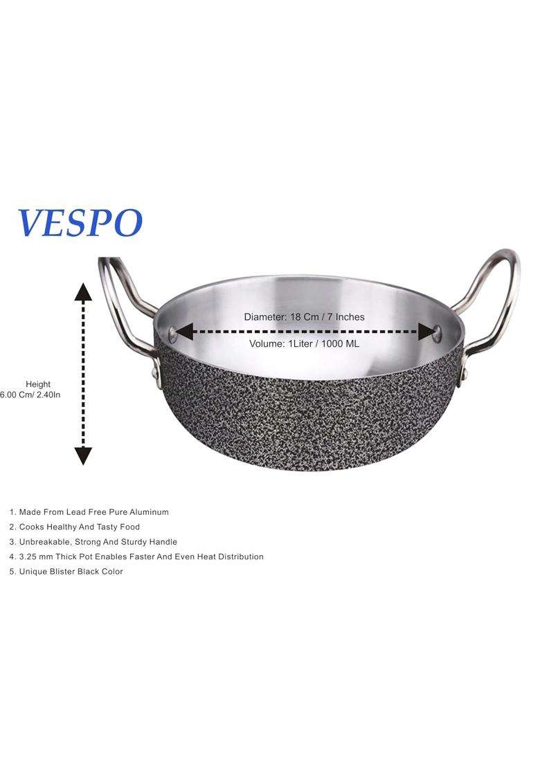 VESPO Antique Finish Aluminum Deep Kadhai Wok Flat Bottom Kadhai Without Lid | 1 L | 1.1 Qt | 18 cm | 7.1 Inch - Indya
