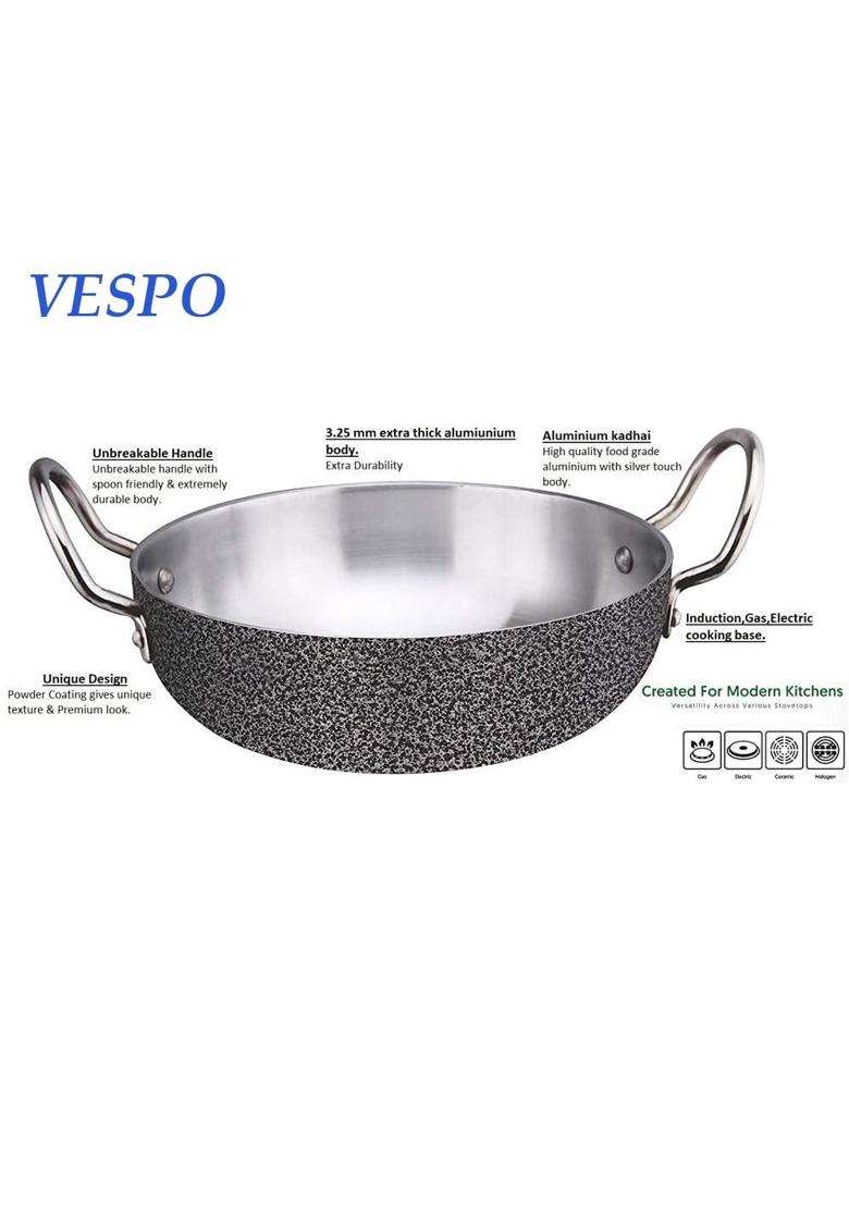 VESPO Antique Finish Aluminum Deep Kadhai Wok Flat Bottom Kadhai Without Lid | 1 L | 1.1 Qt | 18 cm | 7.1 Inch - Indya