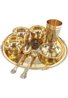 Yadav Craft Brass Premium Dinner Set Brass Thali Platter Set Luxury Spoon Glass Bowls Golden | 8-Piece Set