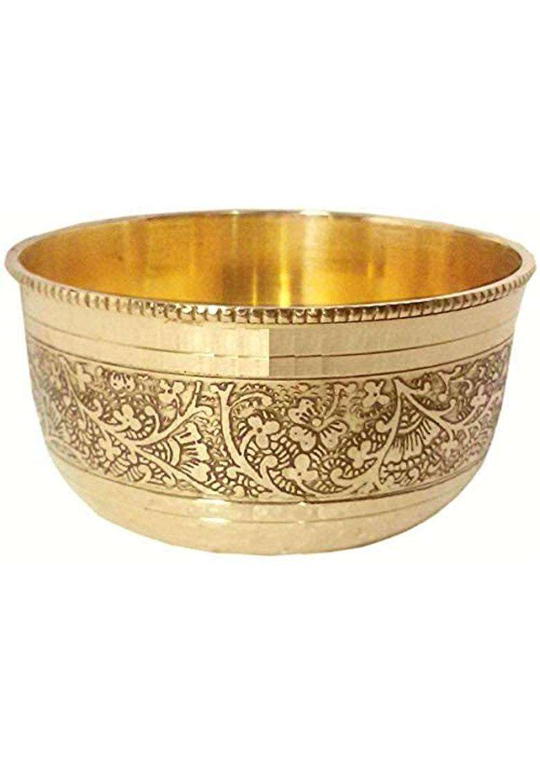 Yadav Craft Brass Premium Dinner Set Brass Thali Platter Set Luxury Spoon Glass Bowls Golden | 8-Piece Set - Indya