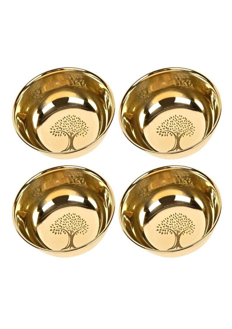 KC Brass Golden Flower Printed Brass Bowls Pc | 250 ml | 8.5 fl oz | 4-Piece Set - Indya