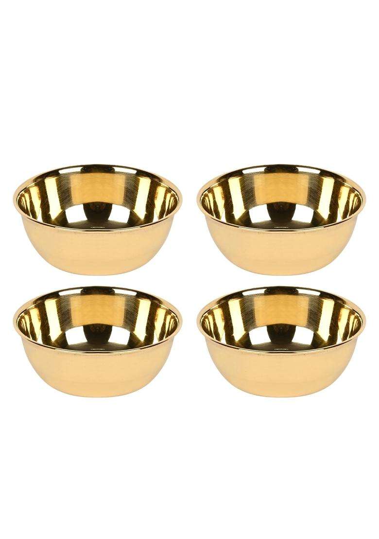 KC Brass Golden Flower Printed Brass Bowls Pc | 250 ml | 8.5 fl oz | 4-Piece Set - Indya