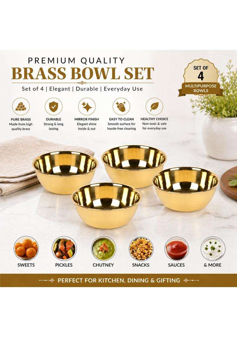 KC Brass Golden Flower Printed Brass Bowls Pc | 250 ml | 8.5 fl oz | 4-Piece Set - Indya