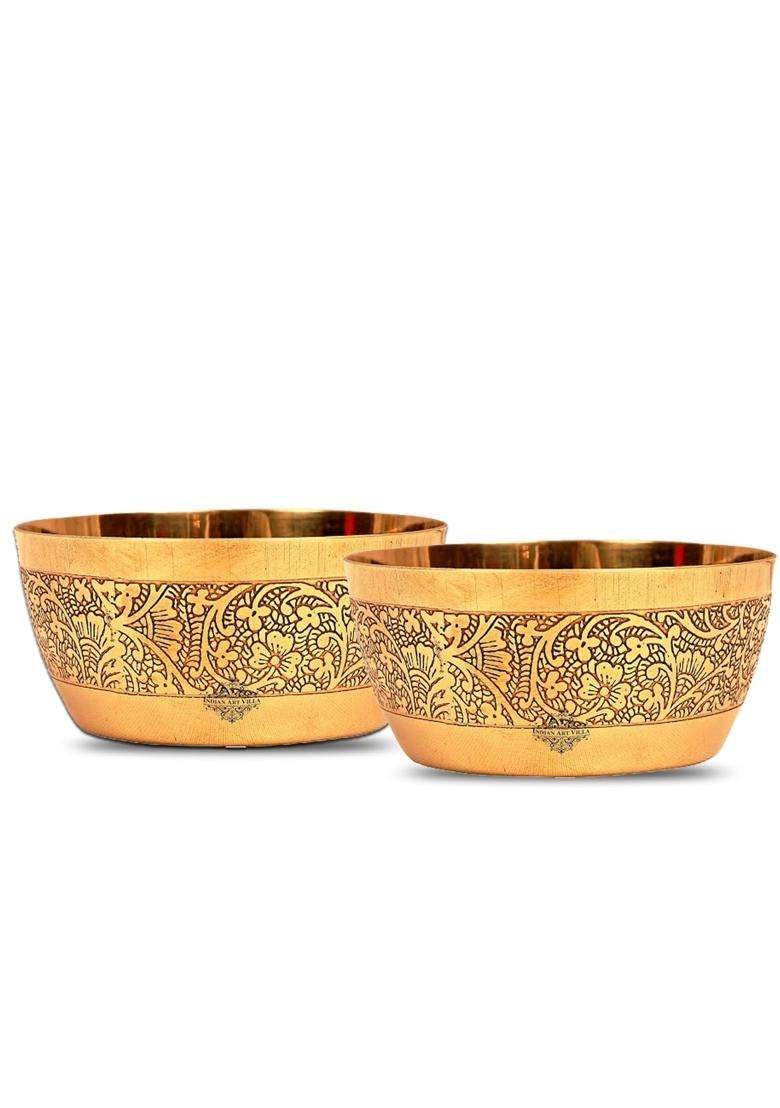 INDIAN ART VILLA Embossed Design Brass Bowl Katori | 200 ml | 6.8 fl oz | Pack of 2 - Indya