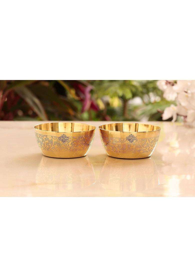INDIAN ART VILLA Embossed Design Brass Bowl Katori | 200 ml | 6.8 fl oz | Pack of 2 - Indya