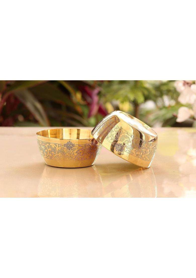 INDIAN ART VILLA Embossed Design Brass Bowl Katori | 200 ml | 6.8 fl oz | Pack of 2 - Indya