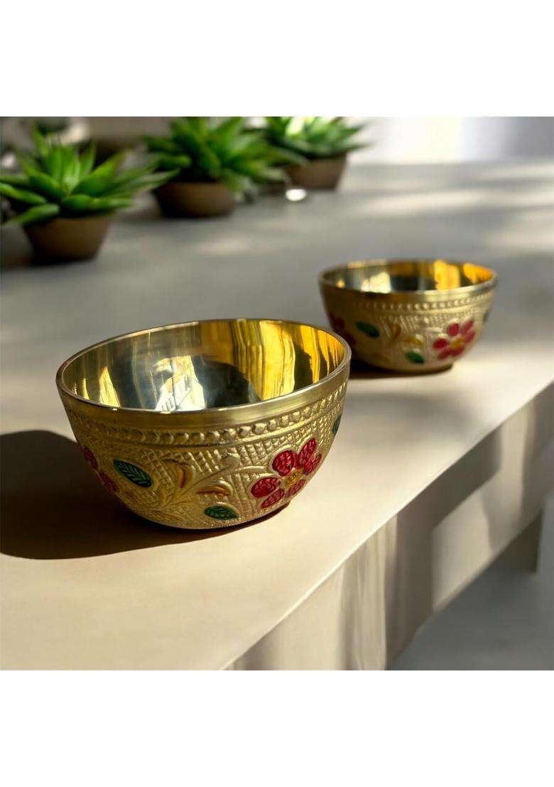 GBW Traditional Brass Serving Bowl Meena Design Pcs Capacity Brass Coloured Bowl | 250 ml | 8.5 fl oz | 2-Piece Set - Indya