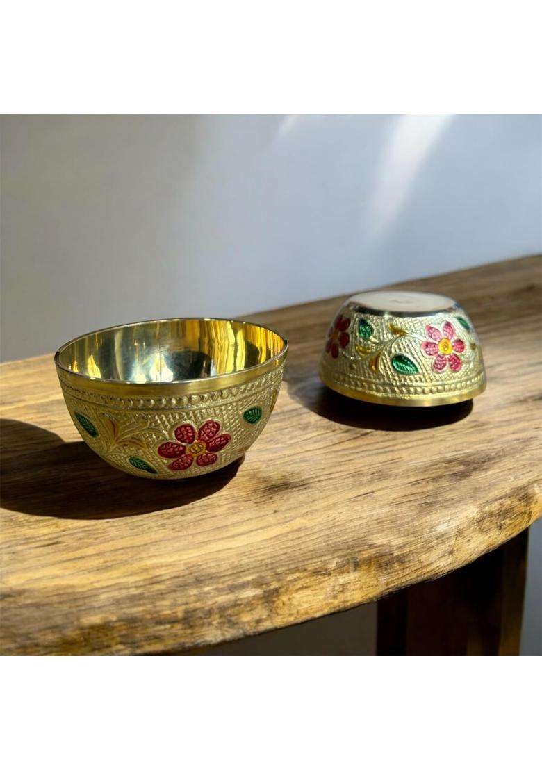 GBW Traditional Brass Serving Bowl Meena Design Pcs Capacity Brass Coloured Bowl | 250 ml | 8.5 fl oz | 2-Piece Set - Indya