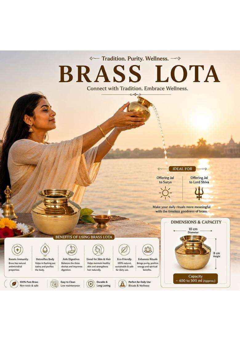 Pure Source India Brass Lota Water Pot for Puja Brass Kalash | 500 ml | 16.9 fl oz | 4 Inch - Indya