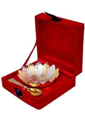 R Ayurveda Copper Silver and Gold Plated Metal Bowl Set with Spoon in Floral Pattern Best Wedding | 250 ml | 8.5 fl oz