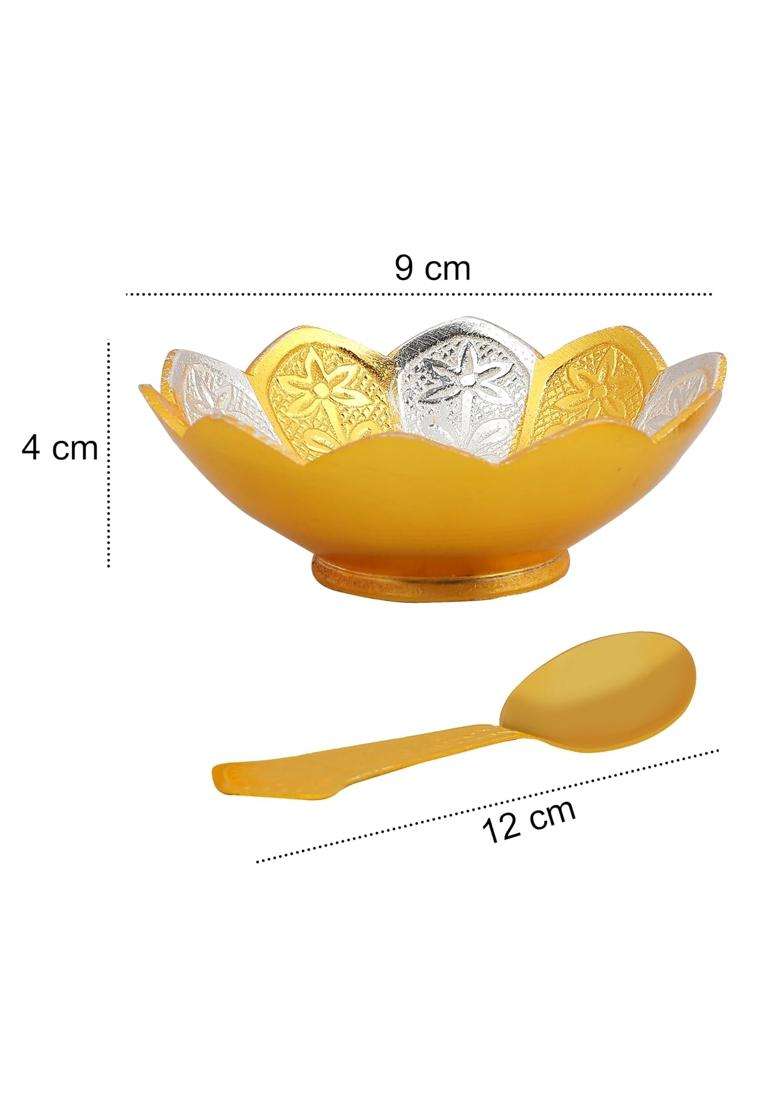R Ayurveda Copper Silver and Gold Plated Metal Bowl Set with Spoon in Floral Pattern Best Wedding | 250 ml | 8.5 fl oz - Indya