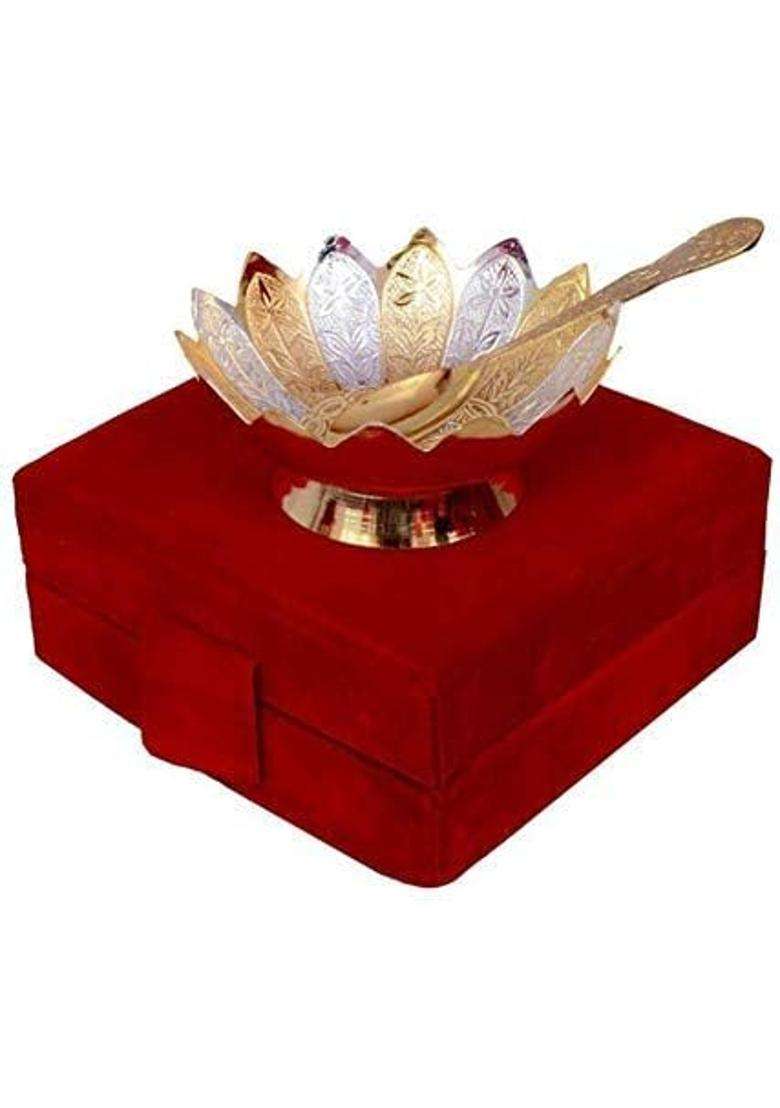 R Ayurveda Copper Silver and Gold Plated Metal Bowl Set with Spoon in Floral Pattern Best Wedding | 250 ml | 8.5 fl oz - Indya