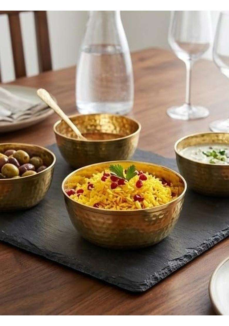 Desi Dhatu Hammered Brass Pital Bowl Set for Serving and Decor - Indya