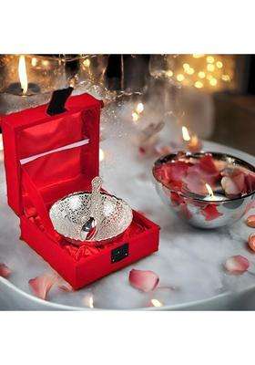 R Ayurveda Copper Silver Single Bowl with Velvet Gift Box - Set with Bowl and Spoon in Box | 2-Piece Set