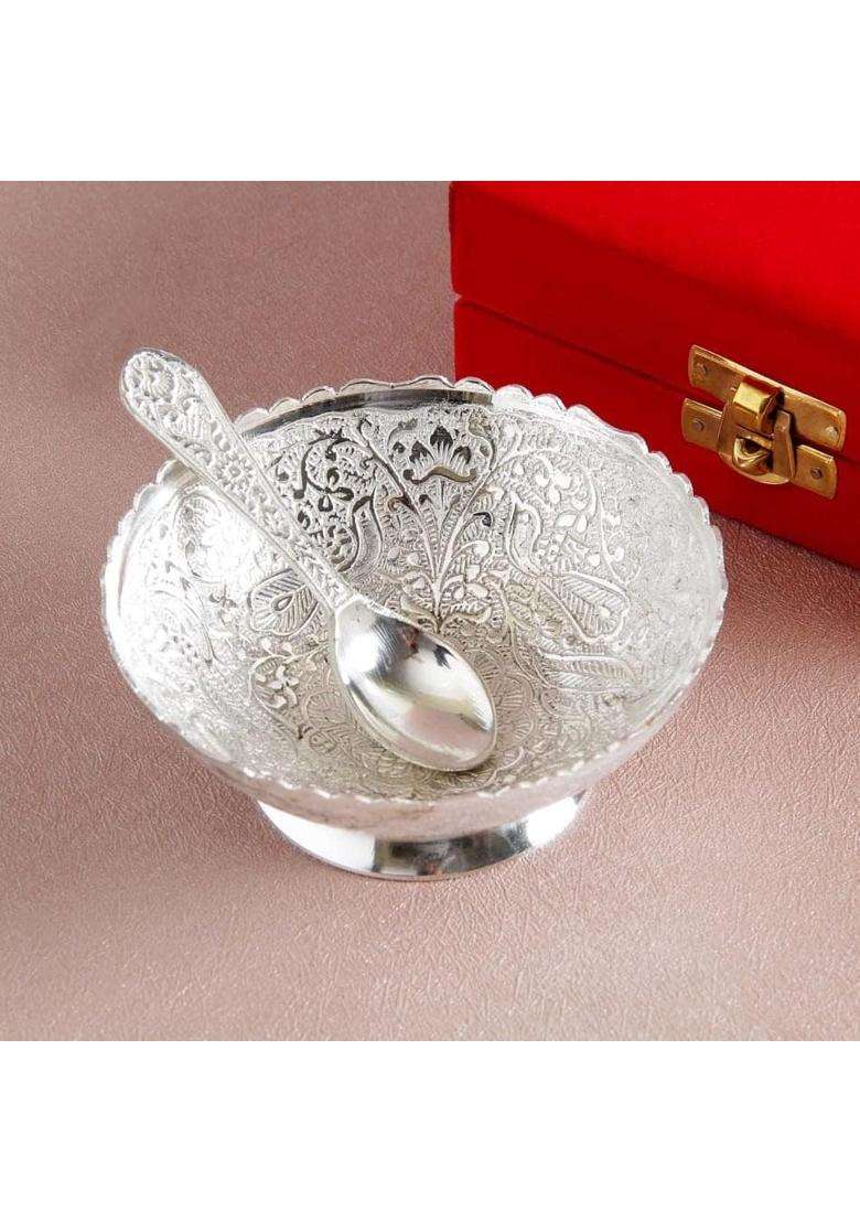 R Ayurveda Copper Silver Single Bowl with Velvet Gift Box - Set with Bowl and Spoon in Box | 2-Piece Set - Indya