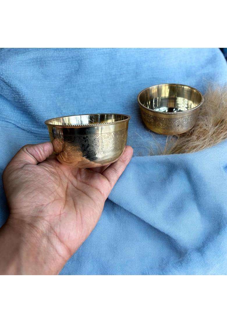 GBW Pure Brass Embossed Design Bowl Pcs Pital Ki Katori Brass Bowl | 350 ml | 11.8 fl oz | 2-Piece Set - Indya