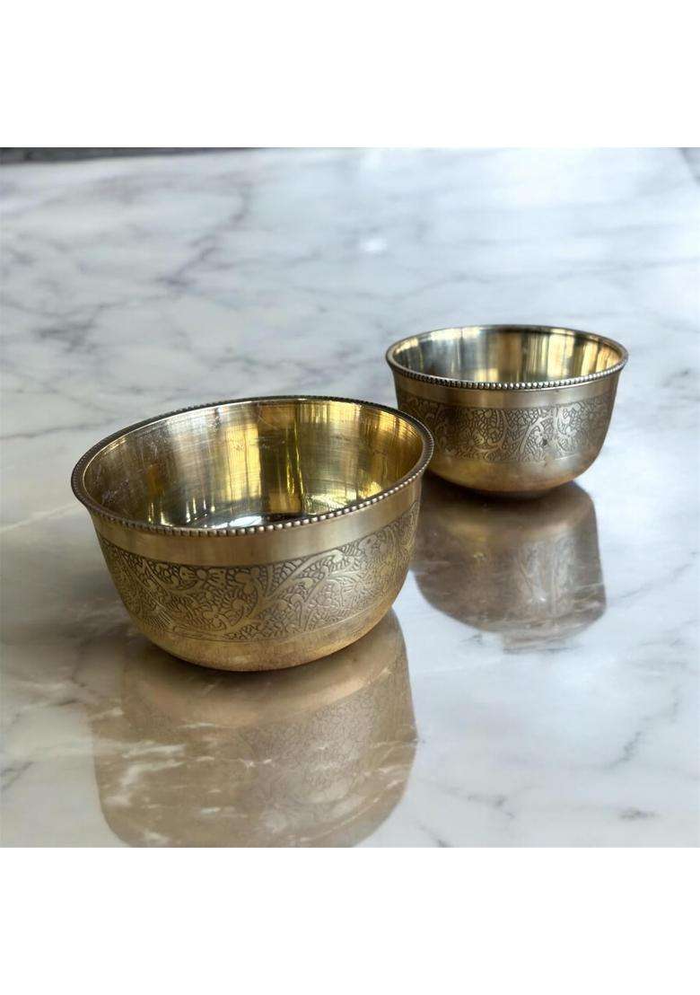 GBW Pure Brass Embossed Design Bowl Pcs Pital Ki Katori Brass Bowl | 350 ml | 11.8 fl oz | 2-Piece Set - Indya