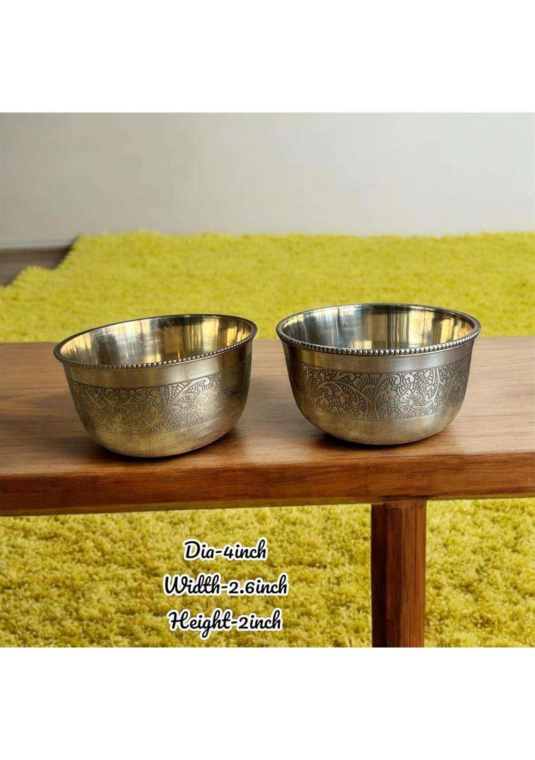 GBW Pure Brass Embossed Design Bowl Pcs Pital Ki Katori Brass Bowl | 350 ml | 11.8 fl oz | 2-Piece Set - Indya