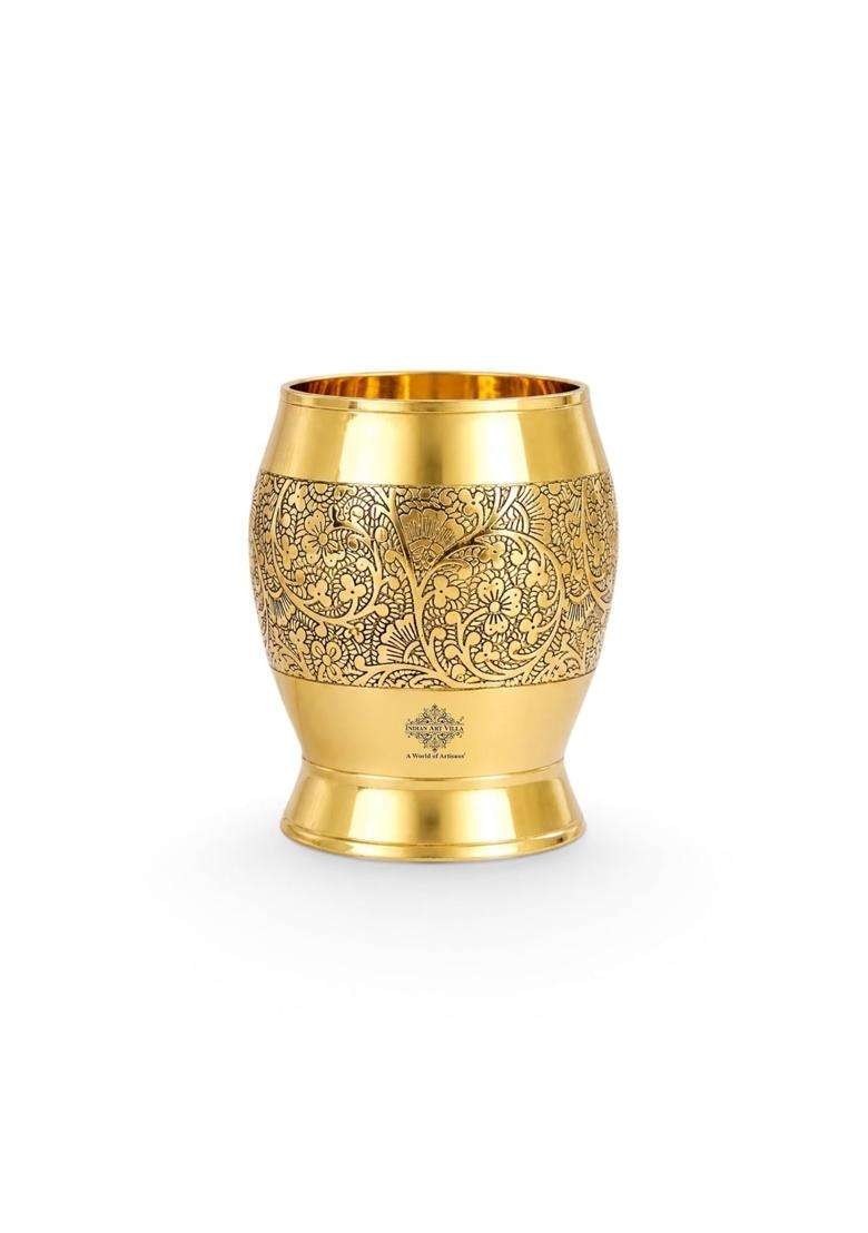 INDIAN ART VILLA Pure Brass Glass Tumbler with Half Embossed Design | 300 ml | 10.1 fl oz - Indya