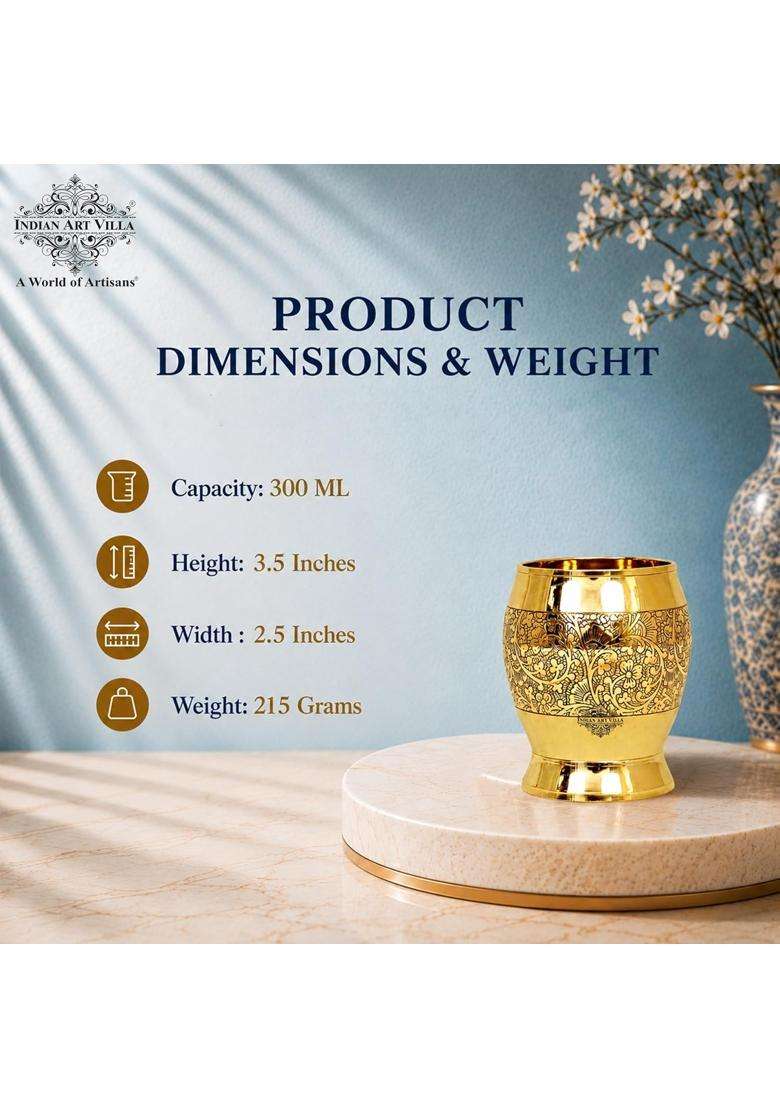 INDIAN ART VILLA Pure Brass Glass Tumbler with Half Embossed Design | 300 ml | 10.1 fl oz - Indya