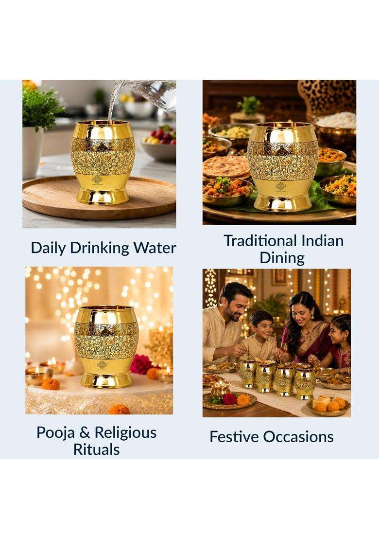 INDIAN ART VILLA Pure Brass Glass Tumbler with Half Embossed Design | 300 ml | 10.1 fl oz - Indya