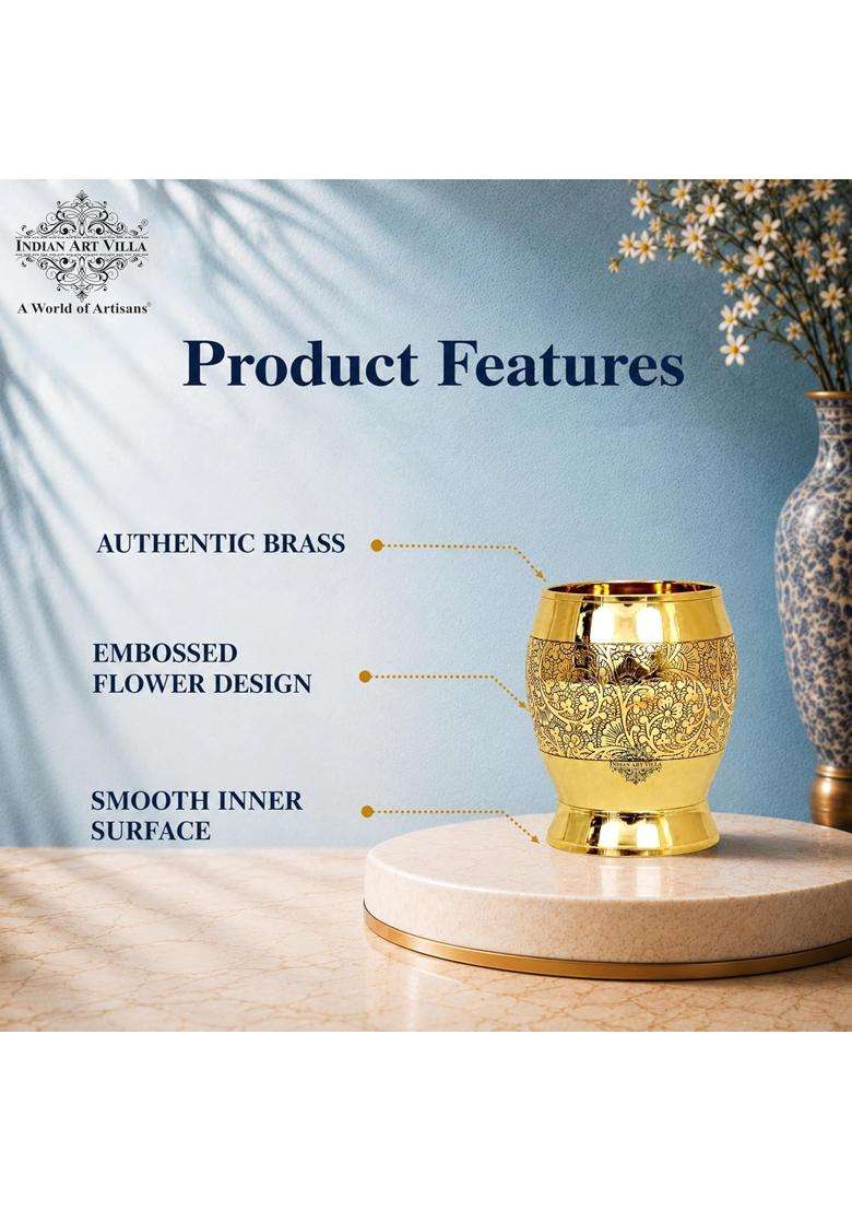 INDIAN ART VILLA Pure Brass Glass Tumbler with Half Embossed Design | 300 ml | 10.1 fl oz - Indya