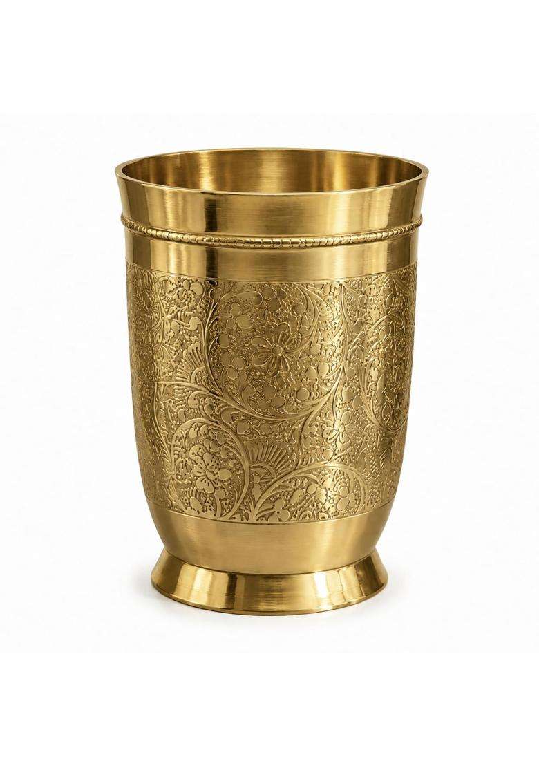 Copper-Master 100 Pure Brass Daana Etched Drinking Glass Tumbler | 300 ml | 10.1 fl oz - Indya