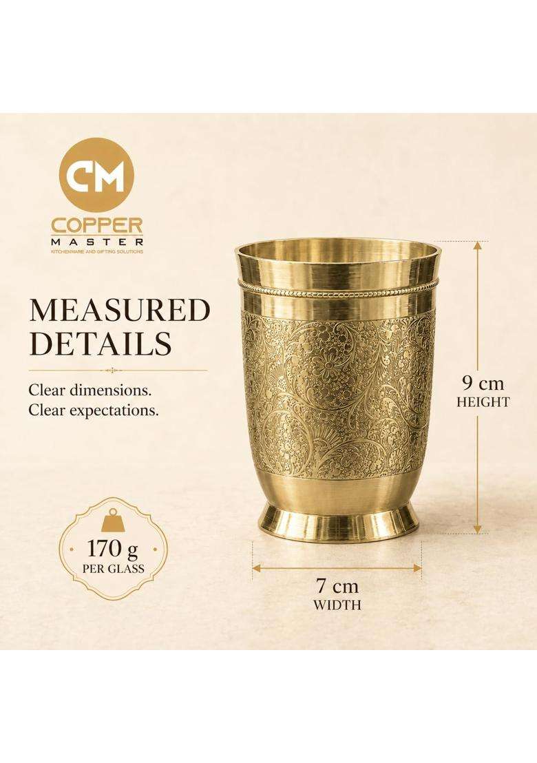 Copper-Master 100 Pure Brass Daana Etched Drinking Glass Tumbler | 300 ml | 10.1 fl oz - Indya
