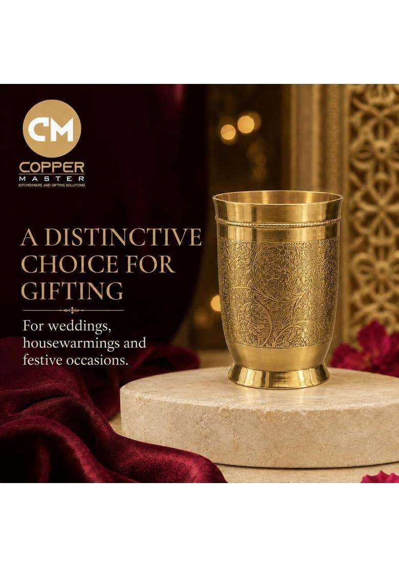 Copper-Master 100 Pure Brass Daana Etched Drinking Glass Tumbler | 300 ml | 10.1 fl oz - Indya