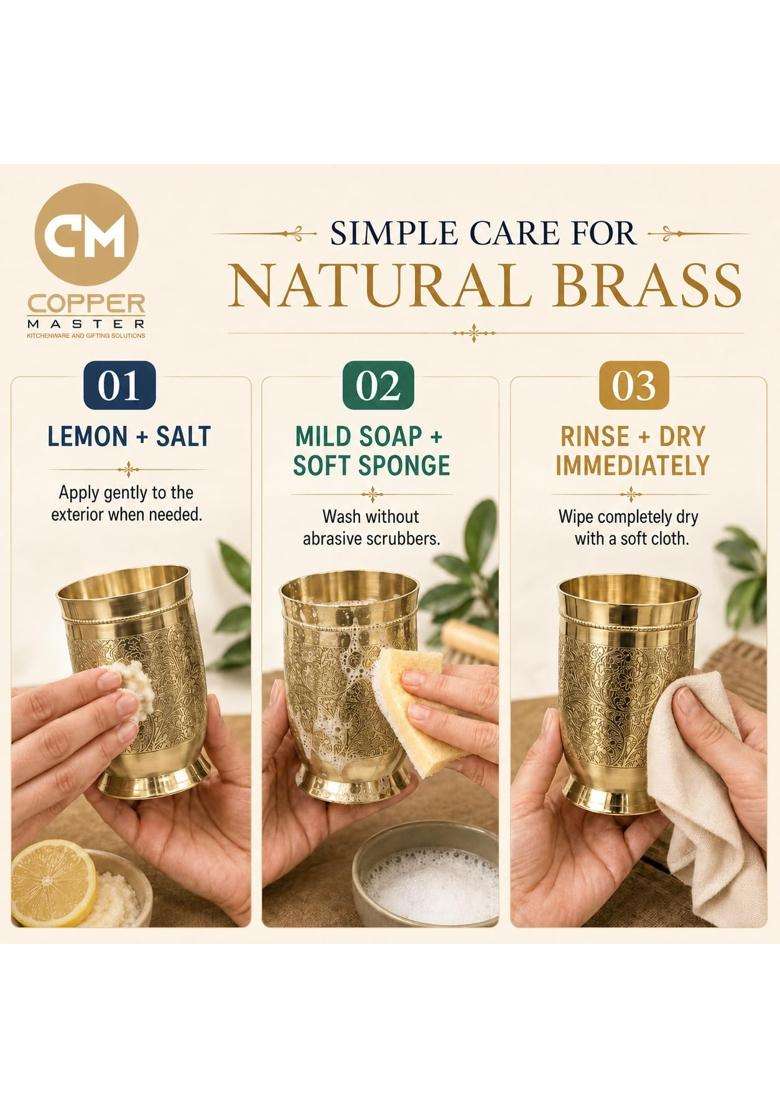Copper-Master 100 Pure Brass Daana Etched Drinking Glass Tumbler | 300 ml | 10.1 fl oz - Indya