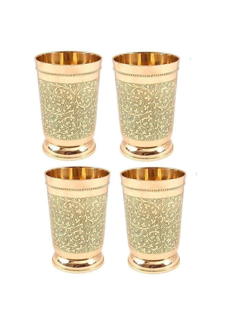 THE HEALING STORE Handcrafted Pure Brass Eaching Drinking Glass | 400 ml | 13.5 fl oz | 4-Piece Set - Indya