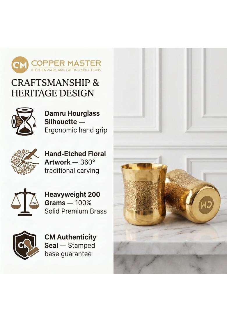Copper-Master Pure Heavy Brass Glass Tumbler for Drinking Serving Water and Beverages | 300 ml | 10.1 fl oz - Indya