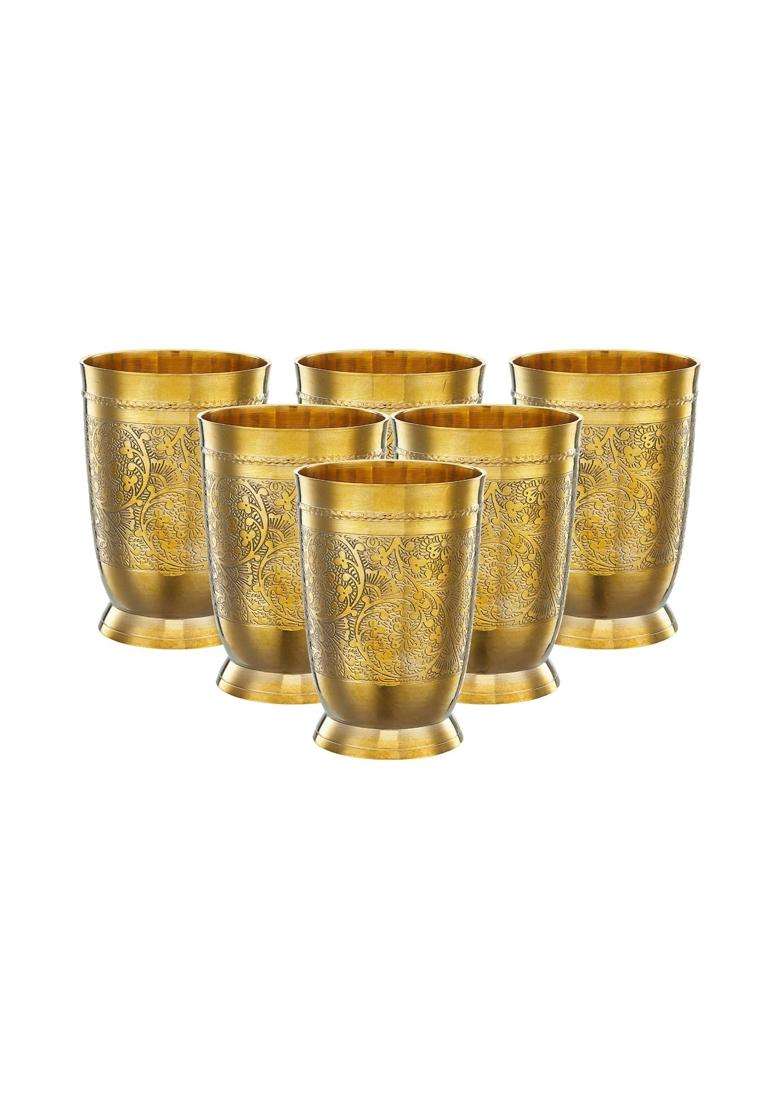 Solimo Amazon Brand Solimo Pure Brass Glass Tumbler with Embossed Design | 250 ml | 8.5 fl oz | 6-Piece Set - Indya