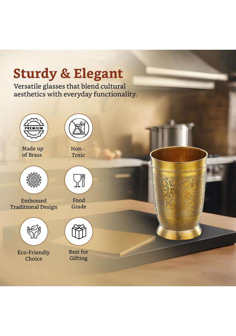 Solimo Amazon Brand Solimo Pure Brass Glass Tumbler with Embossed Design | 250 ml | 8.5 fl oz | 6-Piece Set - Indya