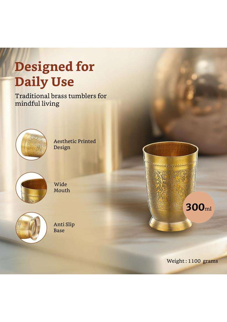 Solimo Amazon Brand Solimo Pure Brass Glass Tumbler with Embossed Design | 250 ml | 8.5 fl oz | 6-Piece Set - Indya