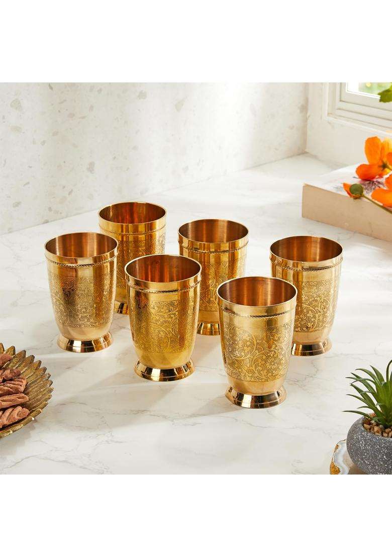 Solimo Amazon Brand Solimo Pure Brass Glass Tumbler with Embossed Design | 250 ml | 8.5 fl oz | 6-Piece Set - Indya